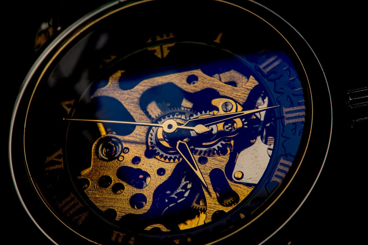 Skeleton wrist watch with visible moving parts