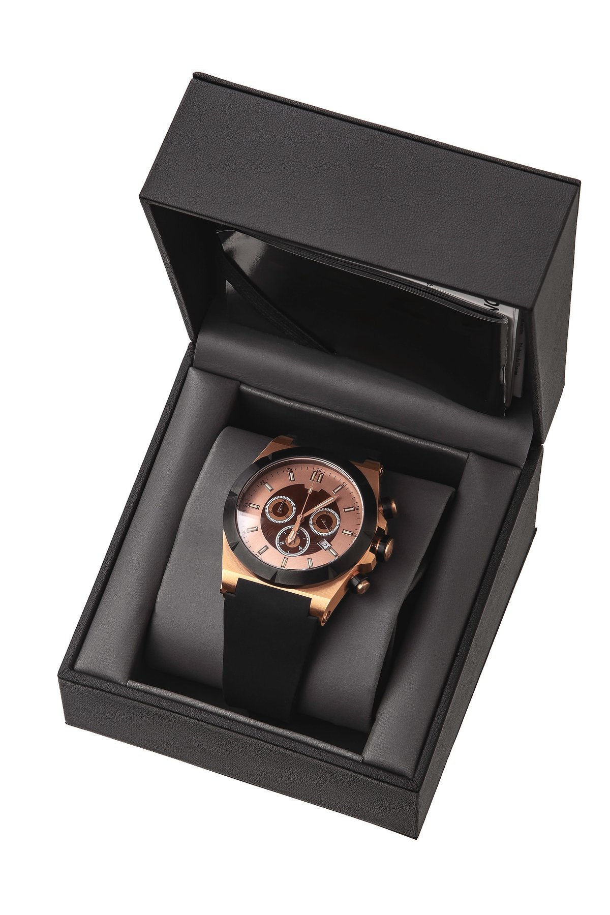 Luxurious rose gold chronograph with black rubber strap